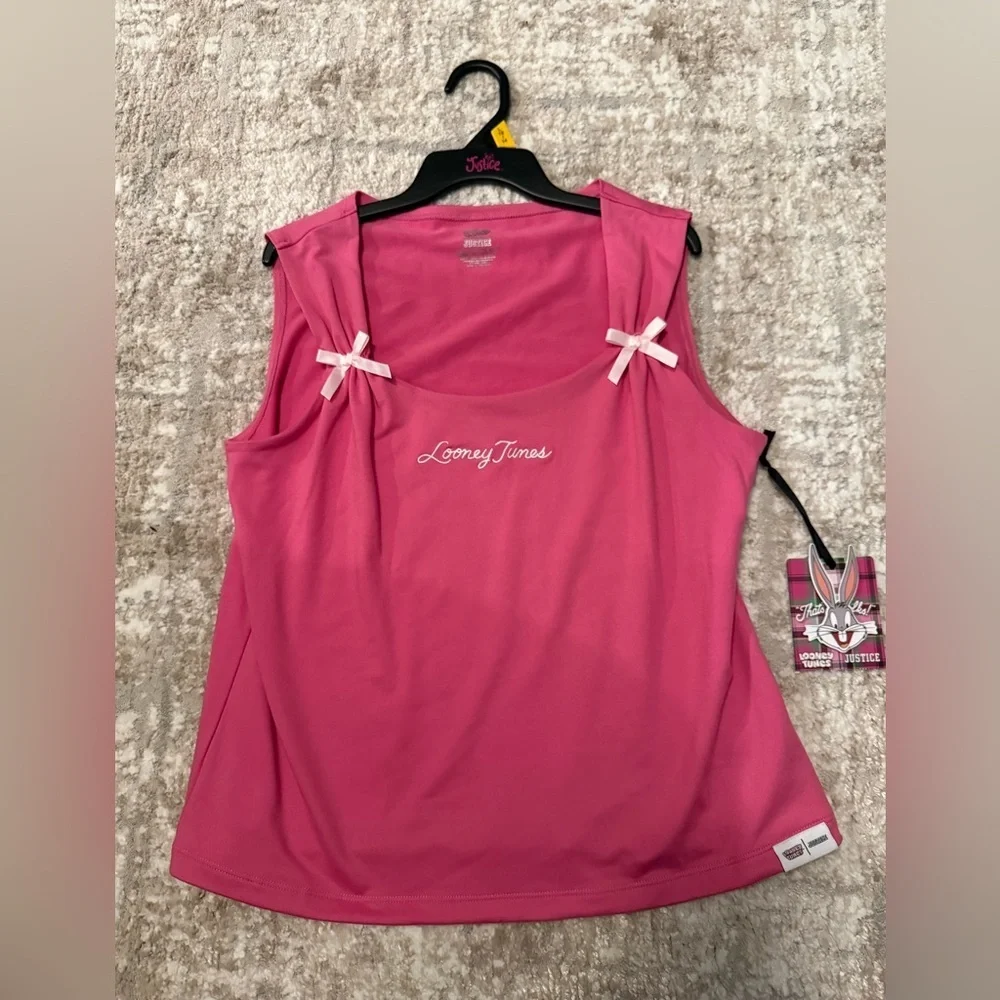Justice Pink Looney Tunes Bow Detail Tank Top size XL 16/18-NWT